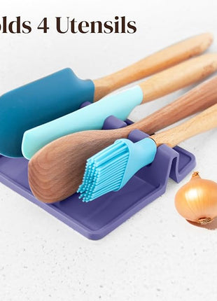 Silicone Spoon Rest for Stove Top with Drip Pad (Two Pack) - Heat Resistant BPA Free Utensil Rest & Spoon Holder for Kitchen Counter - Grill Utensil Holder - Spatula Holder, Tongs, Ladle - Purple
