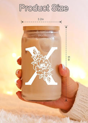 Coolife Initial Glass Cup, Monogrammed Gifts for Women, 16 oz Glass Cups w/Lids Straws, Iced Coffee Smoothie Beer Tumbler w/Straw Lid - Personalized Christmas, Birthday Gifts for Her Mom Friend Woman