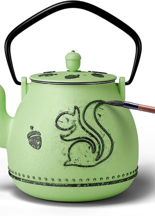 Toptier Teapot with Removable Infuser, Cast Iron Tea Kettle Stovetop Safe, Squirrel Design Tea Pot Coated with Enameled Interior for 32 Ounce (950 ml), Bright Green