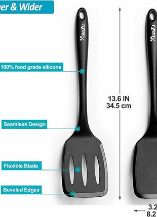 600˚F Heat Resistant Silicone Spatula Set, 13.6" Kitchen Spatula Turners for Non Stick Cookware, Flexible Spatulas with Thin Edges, Seamless Cooking Utensils for Fish, Eggs, Pancakes, BLACK