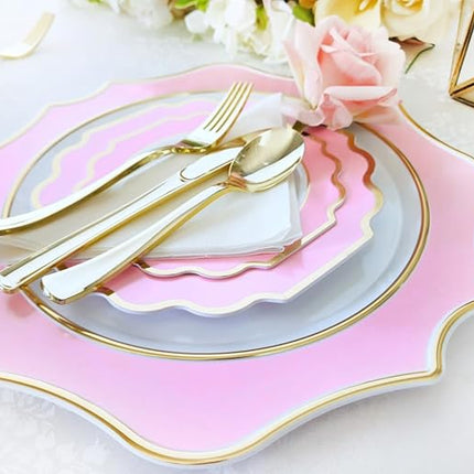" OCCASIONS " 80 Plates Pack,(40 Guests) Heavyweight Premium Wedding Party Disposable Plastic Plates Set -40 x 10.5'' Dinner + 40 x 8'' Salad/Dessert(Imperial in Light Pink & Gold)
