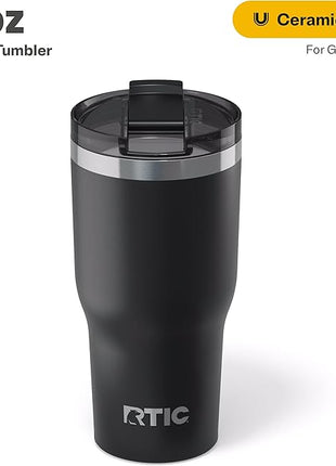 RTIC 30oz Essential Tumbler with Lid, Ceramic Lined, Insulated, Stainless Steel, Metal, Double Wall Vacuum-Insulation, Travel Cup for Iced Coffee, Tea, Hot and Cold Drink, Black