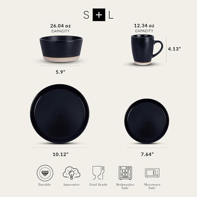 Stone Lain Jules Modern Stoneware 16-piece Round Black Dinnerware Set, Plates and Bowls Sets, Dish Set for 4, Black
