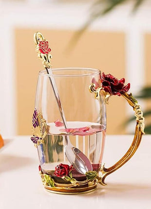 Handicraft Crystal Glass 3D Flower Cups Tea Mug With Tea Spoon Women Coffee, Tea, Juice, Beer, Milk Hot And Cold Drinks Use Gift Package. (Red Rose-Tal)