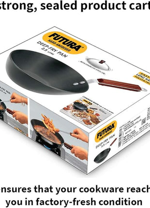 Hawkins Futura 2.5 Litre Deep Fry Pan, Long Handle Hard Anodised Kadai with Stainless Steel Lid, Flat Bottom Kadhai, Black (ADL25S)