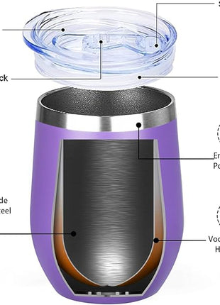 MEZMUT 12 Oz Insulated Wine Tumbler with Lid Double Wall Vacuum Stainless Steel Wine Glass Coffee Mug Insulated Tumbler Cup for Champaign, Cocktail, Beer (Purple, 4 Pack)