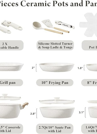 19 Pcs Pots and Pans Set Non Stick Ceramic Cookware Set with Removable Handles, Non Toxic Induction Kitchen Cookware Sets RV Cookware,Dishwasher/Oven Safe PFAS/PTFE/PFOA Free Cream White