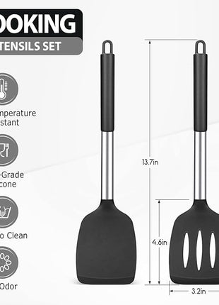 2 Pack Silicone Spatulas Turners, Stainless Steel Cooking Utensils BPA Free,Heat Resistant,Non Stick,Rubber Spatulas for Fish, Eggs, Pancakes, WOK, Black