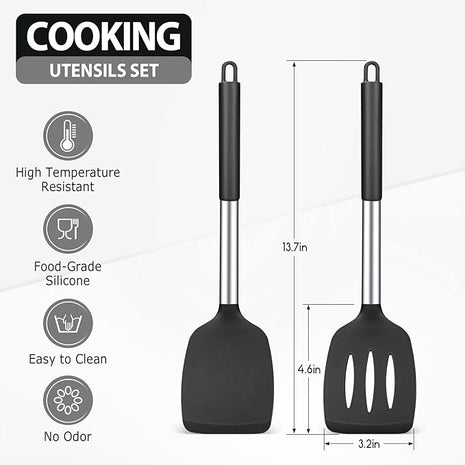 2 Pack Silicone Spatulas Turners, Stainless Steel Cooking Utensils BPA Free,Heat Resistant,Non Stick,Rubber Spatulas for Fish, Eggs, Pancakes, WOK, Black