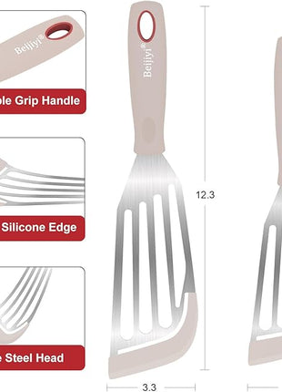 Beijiyi Silicone Fish Spatula Set, 2-Piece Heat Resistant Fish Turner Spatula for Non Stick Frying Pan, Flexible Kitchen Cooking Utensils, Slotted Egg Flipper, Large 12.3 In, Small 10.6 In, Khaki