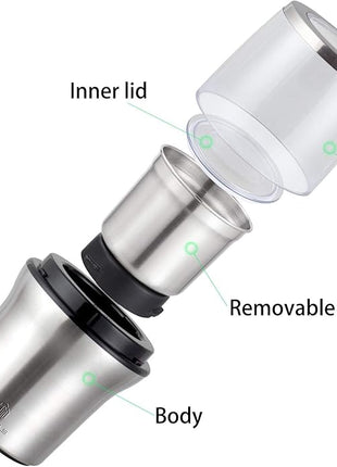 DR MILLS DM-7412M Stainless Steel Electric Dried Spice and Coffee Grinder,2 in 1 Wet and Dry, Removable Cups, Dishwasher Safe