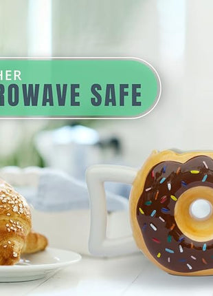 Ceramic Donut Cup – Chocolate Glaze with Sprinkles – Funny “MMM... Donuts!” Quote – Best Cup for Coffee, Tea & More – Large 14 oz – Brown