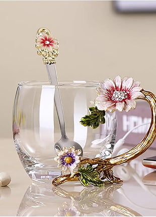 Handicraft Crystal Glass 3D Flower Cups Tea Mug With Tea Spoon Women Coffee, Tea, Juice, Beer, Milk Hot And Cold Drinks Use Gift Package. (Chrysanthemum, 11 OZ)