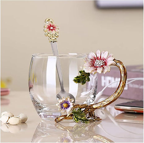 Handicraft Crystal Glass 3D Flower Cups Tea Mug With Tea Spoon Women Coffee, Tea, Juice, Beer, Milk Hot And Cold Drinks Use Gift Package. (Chrysanthemum, 11 OZ)