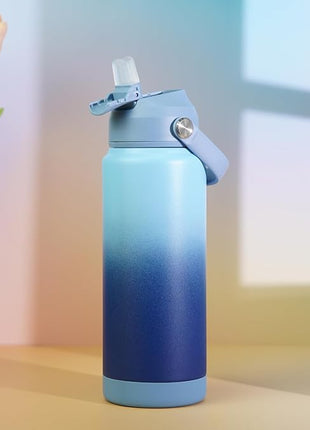 BJPKPK Insulated Water Bottle with Straw Lid, 18oz Thermo Water Bottles with Soft Nozzle, Flex Handle & Non-slip Boot, BPA Free Leak Proof Stainless Steel Metal Thermo, Tumblers, Cups,Sky
