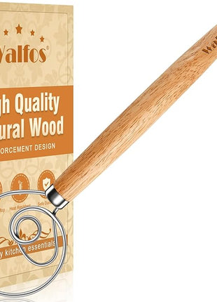 Walfos Wood Danish Dough Whisk, Wooden Sourdough Mixer With Stainless Steel Ring, Kitchen Hand Bread Whisking Tool for Cake, Pizza, Pastry, Biscuits
