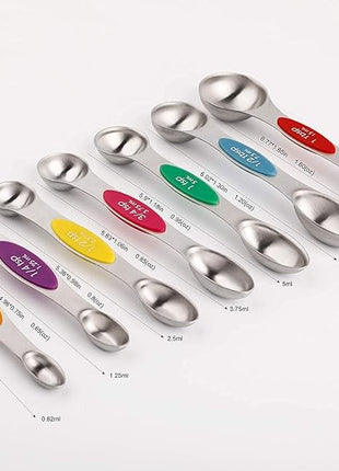 Magnetic Measuring Spoons Set of 7 Stainless Steel Stackable Dual Sided Teaspoon Tablespoon for Measuring Dry and Liquid Ingredients, Fits in Spice Jar
