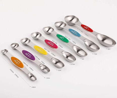 Magnetic Measuring Spoons Set of 7 Stainless Steel Stackable Dual Sided Teaspoon Tablespoon for Measuring Dry and Liquid Ingredients, Fits in Spice Jar