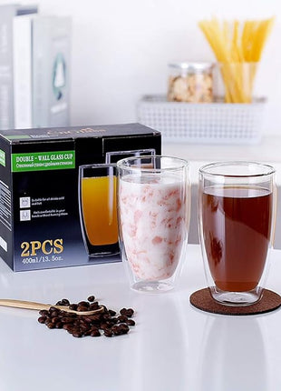 CNGLASS Double Wall Thermo Glass Coffee Cup 13.5 oz,Clear Insulated Glass Coffee Mug for Latte Cappuccino Tea Milk,Set of 4