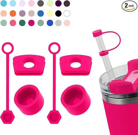 Silicone Spill Stopper Set Compatible with Stanley Cup 2.0 30oz & 40oz with Straw Cover (Set of 2, Rosy)