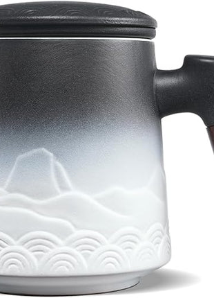 ZENS Tea Mug with Infuser and Lid for Loose Leaf Tea Steeper, 16.9oz Embossed Ceramic Tea Cup with Fine Tea Strainers, Wood Handle Large Diffusers Mugs for Tea Lovers Gifts