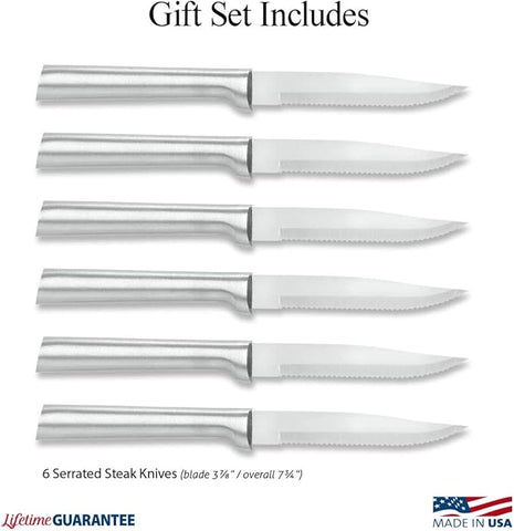 RADA Cutlery 6-Piece Serrated Steak Knife Gift Set (S6S), Stainless Steel Hollow Ground Blades, Made in USA, Silver Handles