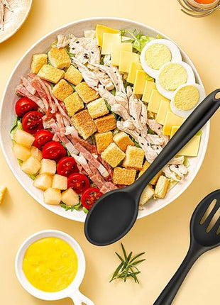 2PCS Silicone Nonstick Spoons, Heat Resistant, BPA Free, Ergonomic, Long Handle, Wide Bowl, Black