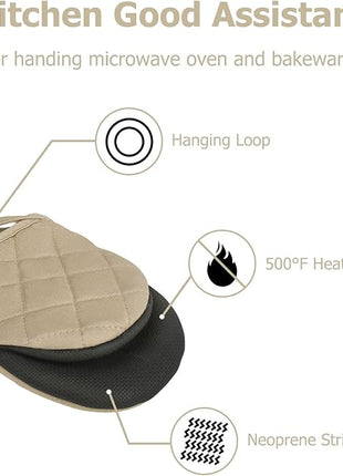 1 Pair Short Oven Mitts, Heat Resistant Silicone Kitchen Mini Oven Mitts for 500 Degrees, Non-Slip Grip Surfaces and Hanging Loop Gloves, Baking Grilling Barbecue Microwave Machine Washable