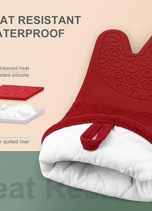sungwoo Extra Long Silicone Oven Mitts, Heat Resistant Oven Gloves with Quilted Liner Non-Slip Textured Grip Perfect for BBQ, Baking, Cooking and Grilling - 1 Pair 14.6 Inch Empire Red
