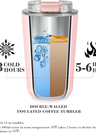 Puraville Insulated Tumblers with Lid, 14 oz Travel Coffee Mug Stainless Steel Vacuum Cup, Leak Proof Reusable Double Walled Coffee Tumbler for Iced and Hot Drinks, Pink