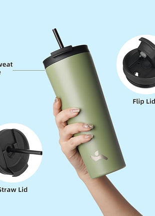 22 OZ Insulated Tumbler with Lid and 2 Straws Stainless Steel Water Bottle Vacuum Travel Mug Coffee Cup,ArmyGreen