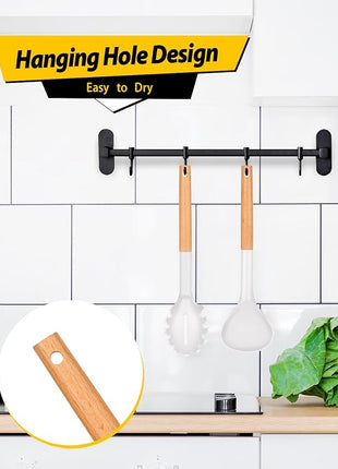 Silicone Pasta Fork and Ladle Spoon Set with Wooden Handle, Heat Resistant Non Stick Kitchen Utensils for Cooking, Stirring, Serving Spaghetti, Soup, Sauce(WHITE)