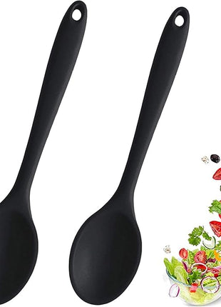 2 Pcs Silicone Spoons for Cooking Heat Resistant, Hygienic Design Cooking Utensi Mixing Spoons for Kitchen Cooking Baking Stirring Mixing Tools (Black)