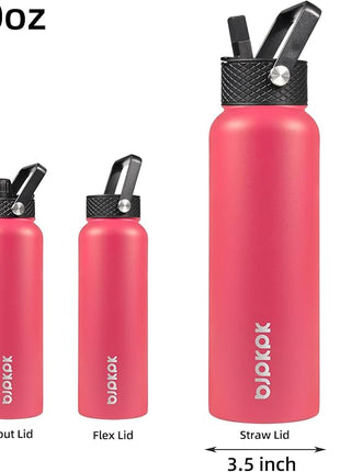 BJPKPK Insulated Water Bottles with Straw Lid, 40oz Stainless Steel Water Bottles with 3 Lids, BPA Free Leakproof Thermo, Tumblers, Cups for Sports, Gym- Rose Pink