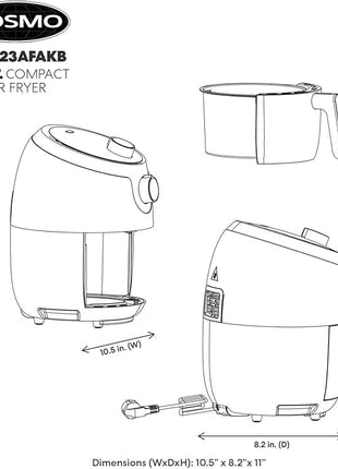 COSMO COS-23AFAKB 2.3 Quart Electric Small Air Fryer with Temperature Control, Timer, Auto Shut-Off, Non-Stick Frying Tray, 1000W Compact Mini Air Fryer (2.3 Quarts, Stainless Steel/Black)