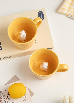 DIHOclub Cat Coffee Cup Hidden Ceramic Animal Inside Mug,Cute Cartoon Handmade Figurine Mugs,Holiday and Birthday Gift for Coffee Milk Tea Lovers,12 Oz(yellow)
