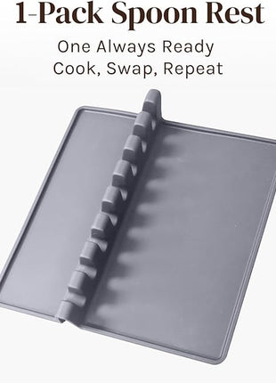 Gray Silicone Spoon Rest for Stove Top with Drip Pad (1 Pack) - Extra Large Heat-Resistant, BPA-Free Utensil Rest for Kitchen Counter - Utensil Holder for Spatulas, Tongs, Ladles and Kitchen Gadgets