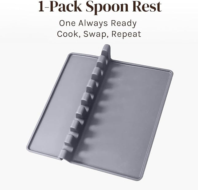 Gray Silicone Spoon Rest for Stove Top with Drip Pad (1 Pack) - Extra Large Heat-Resistant, BPA-Free Utensil Rest for Kitchen Counter - Utensil Holder for Spatulas, Tongs, Ladles and Kitchen Gadgets