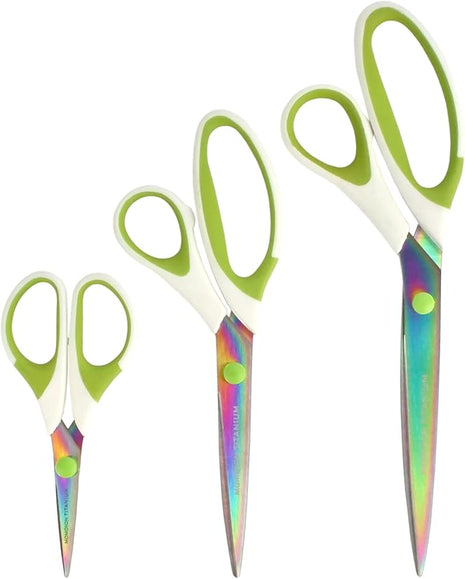 BambooMN Titanium Softgrip Scissors Set for Sewing, Arts, Crafts, Office - 10 sets of 3 - White w/Green Inlays
