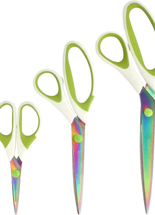 BambooMN Titanium Softgrip Scissors Set for Sewing, Arts, Crafts, Office - 1 Set of 3 - White w/Green Inlays