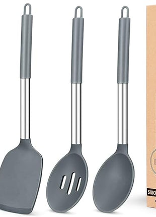 Pack of 4 Silicone Cooking Utensils Set, Non Stick Large Solid Spatulas, Heat Resistant Gray Slotted Spoons, Ideal BPA Free Kitchen Turners for Frying, Mixing,Serving,Draining,Turning,Stirring