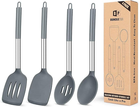 Pack of 4 Silicone Cooking Utensils Set, Non Stick Large Solid Spatulas, Heat Resistant Gray Slotted Spoons, Ideal BPA Free Kitchen Turners for Frying, Mixing,Serving,Draining,Turning,Stirring