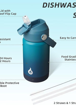 BJPKPK Insulated Water Bottle with Straw Lid, 12oz Thermo Water Bottles with Soft Nozzle, Flex Handle & Non-slip Boot, BPA Free Leak Proof Stainless Steel Metal Thermo, Tumblers, Cups,Vast