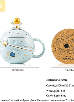 Kawaii Astronaut Cup Space Embossed Planet Mug, Cute Ceramic Coffee Mug, Novelty Mug with Lid and Spoon for Coffee, Tea, Milk, Aesthetic Room Decor Funny Gift for Girl Boy Women (Blue)