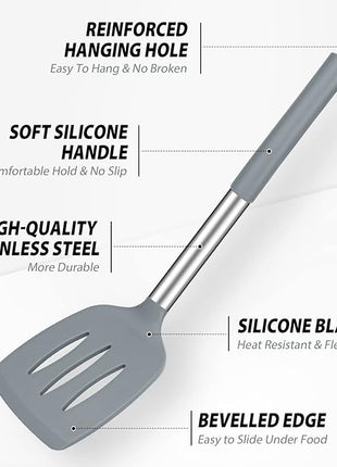 Pack of 4 Large Silicone Cooking Spatulas and Spoons, Slotted and Solid Stainless Steel Cooking Utensils Set, Non-stick Heat Resistant Kitchen for Baking, Fried, Stir-Fry, Mixing, Serving (Grey)