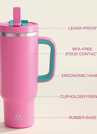 ENCOOL 40 oz Tumbler with Handle and Straw: Stainless Steel Insulated Tumbler Keeps Cold for 24 Hours, Leakproof Travel Cup Fits in Cup Holder and BPA-Free,Light Crimson