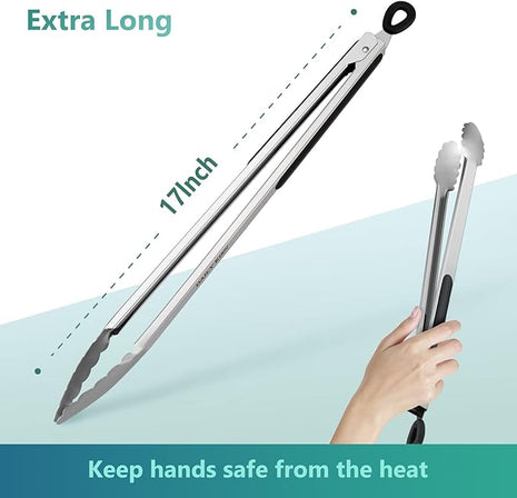 Grill Tongs, 17 Inch Extra Long BBQ Tongs, Premium Stainless Steel Metal Tongs for Cooking, Grilling, Barbecue/BBQ, Buffet (17", 1PC)