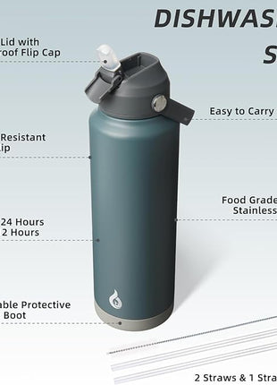 BJPKPK Insulated Water Bottle with Straw Lid, 40oz Large Thermo, BPA Free Leak Proof Stainless Steel Metal Water Bottles, Tumblers, Cups, Flasks for Travel, Sports, Grey