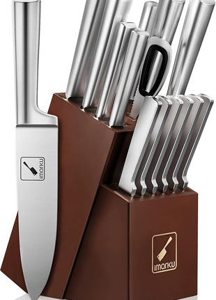 Knife Set - imarku Kitchen Knife Set 15 Piece Japanese Stainless Steel Knife Block Set with Sharpener - Dishwasher Safe Kitchen Knives - Ultra Sharp Chef Knife Set for Kitchen, Silver