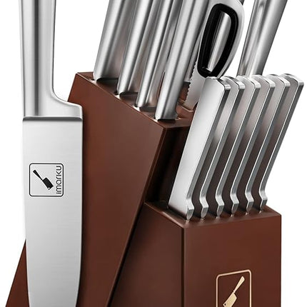 Knife Set - imarku Kitchen Knife Set 15 Piece Japanese Stainless Steel Knife Block Set with Sharpener - Dishwasher Safe Kitchen Knives - Ultra Sharp Chef Knife Set for Kitchen, Silver